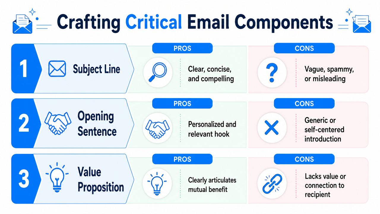 A chart illustrating the three critical components for writing effective business introduction emails including pros and cons.