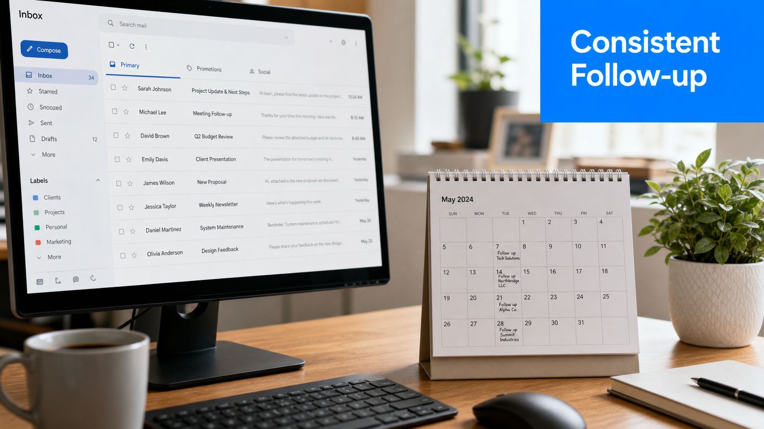 A clean office workspace with a computer monitor showing email and a desk calendar for scheduling.