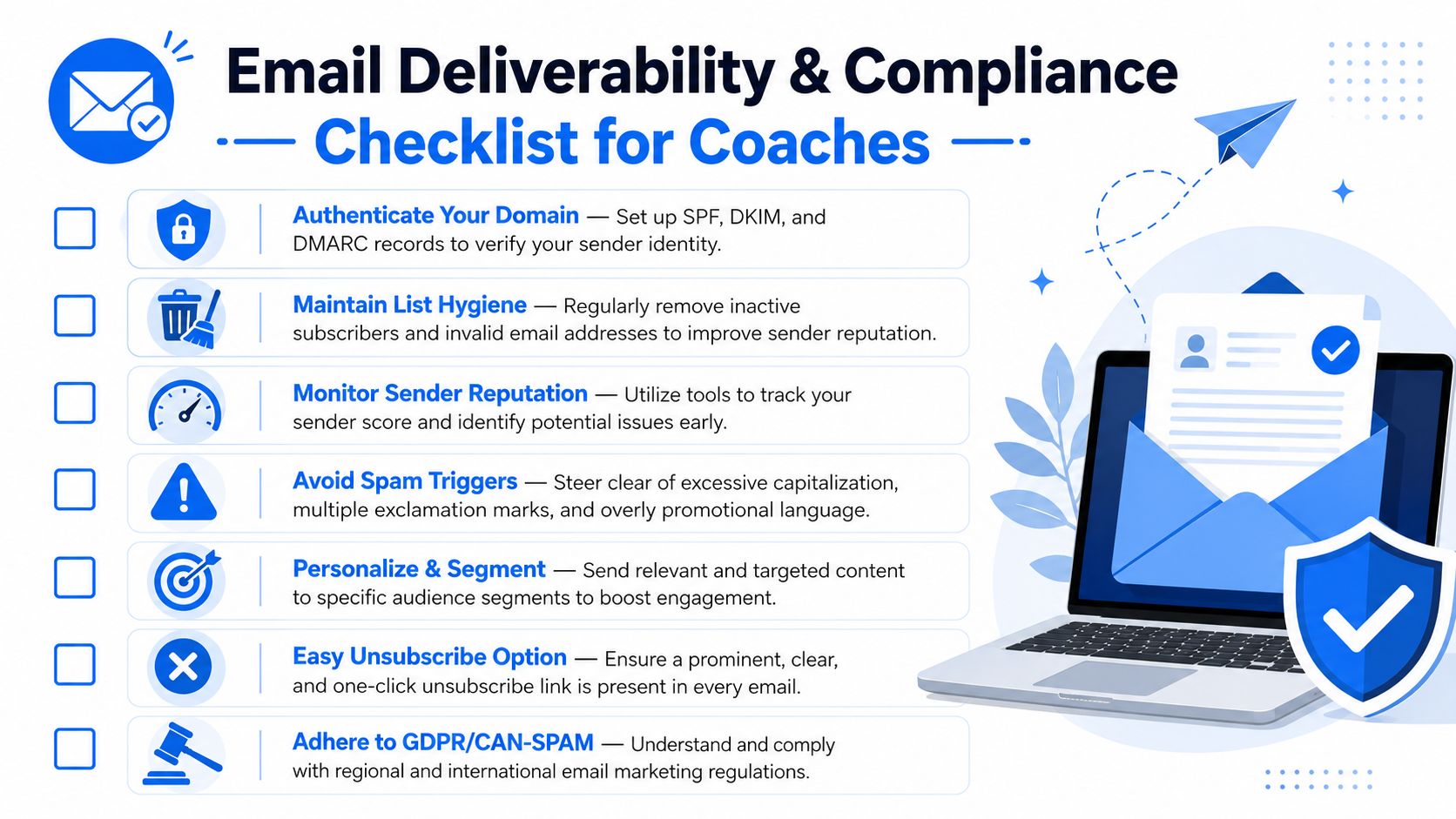 A checklist infographic outlining seven essential email deliverability and compliance tips for business coaches and marketers.