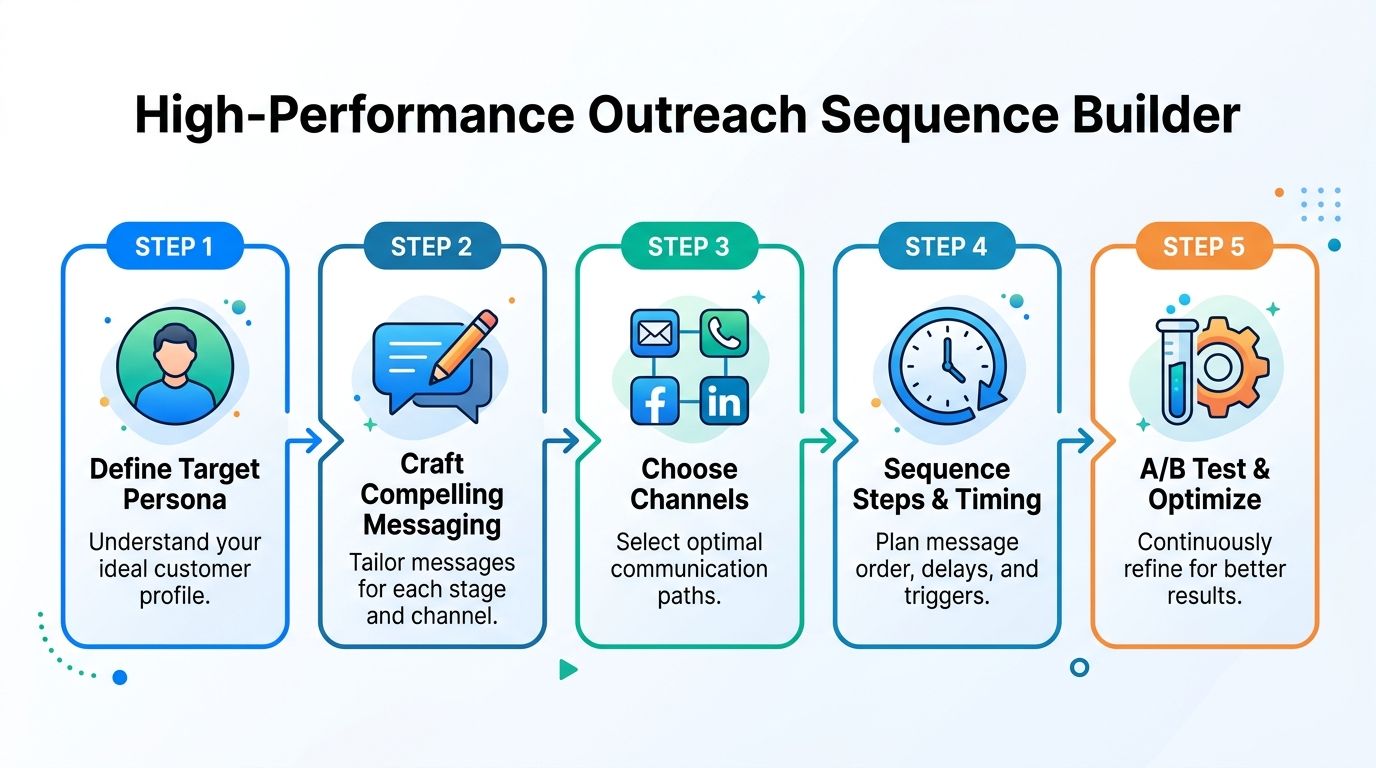 A five-step infographic showing a high-performance outbound sales sequence builder process with icons and descriptive text.
