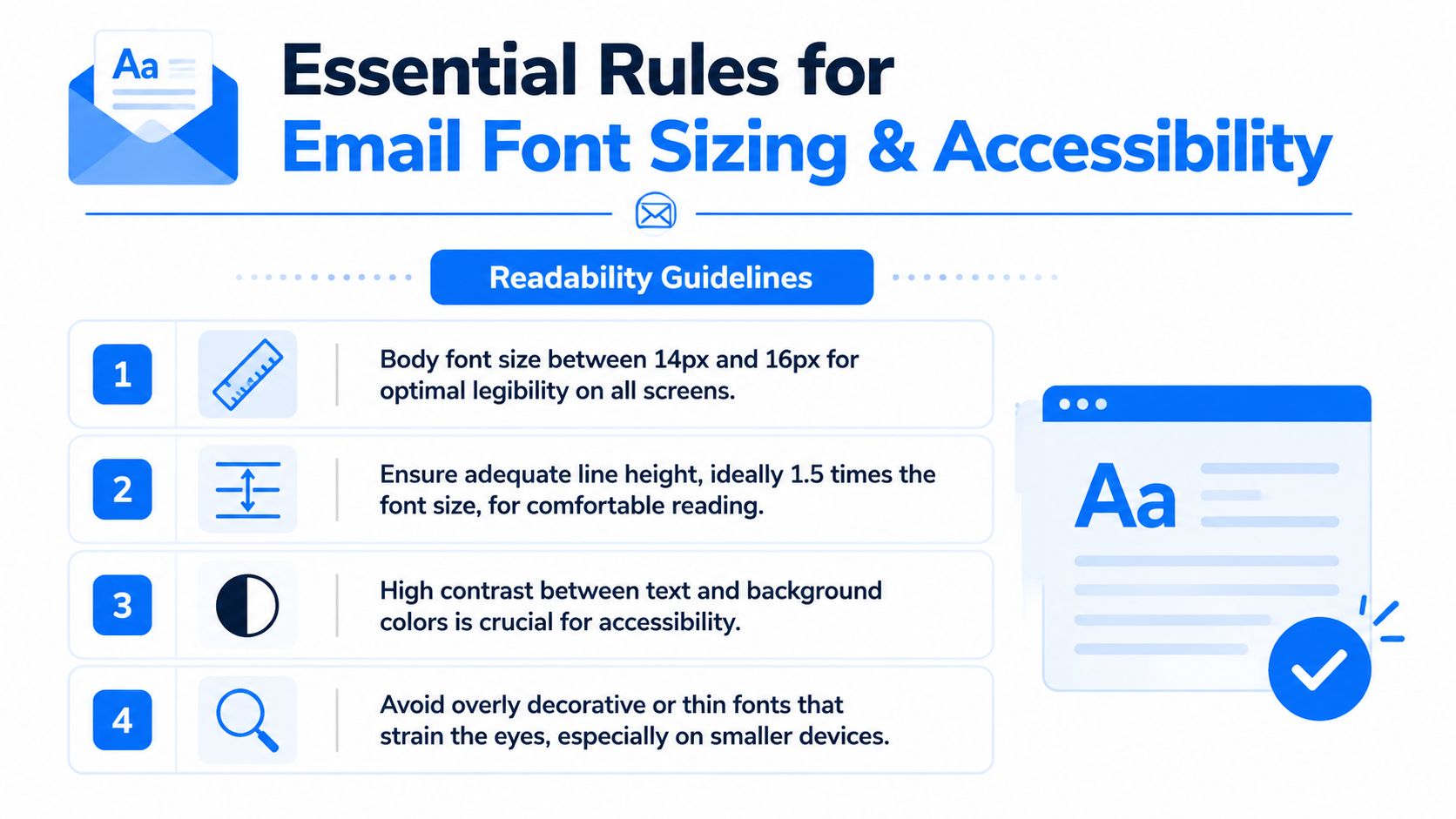 An infographic titled Essential Rules for Email Font Sizing and Accessibility displaying four key design tips.