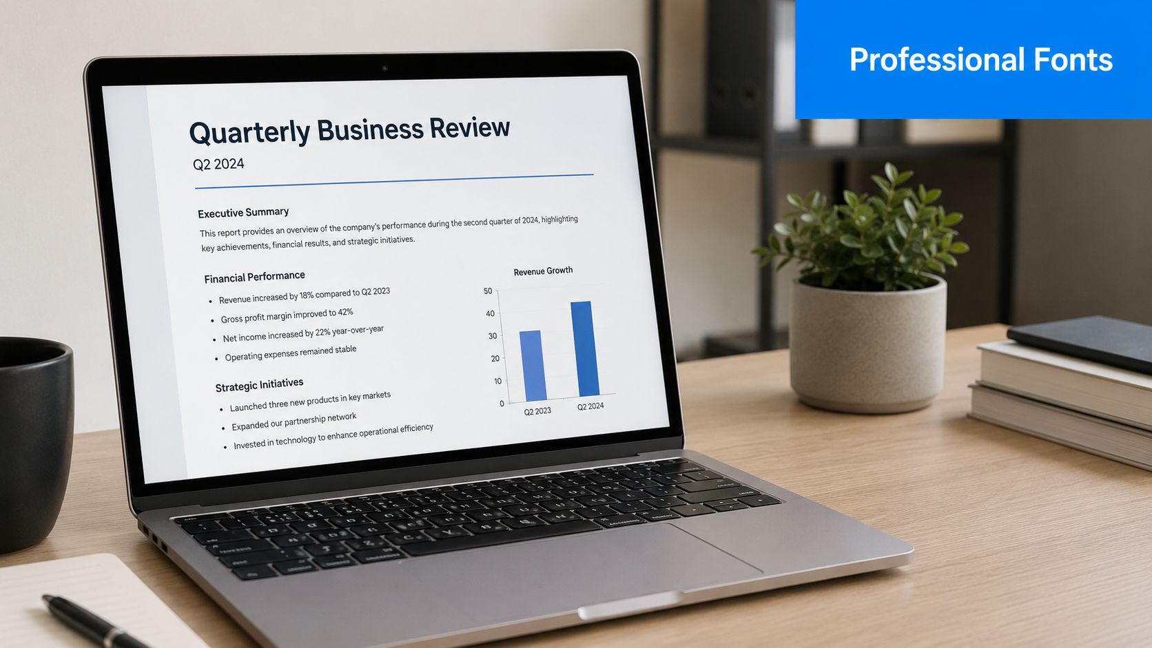 A modern laptop displaying a professional Quarterly Business Review report on a tidy wooden office desk.