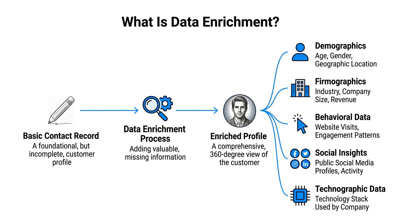 A diagram illustrating the data enrichment process, transforming a basic contact record into a comprehensive customer profile.
