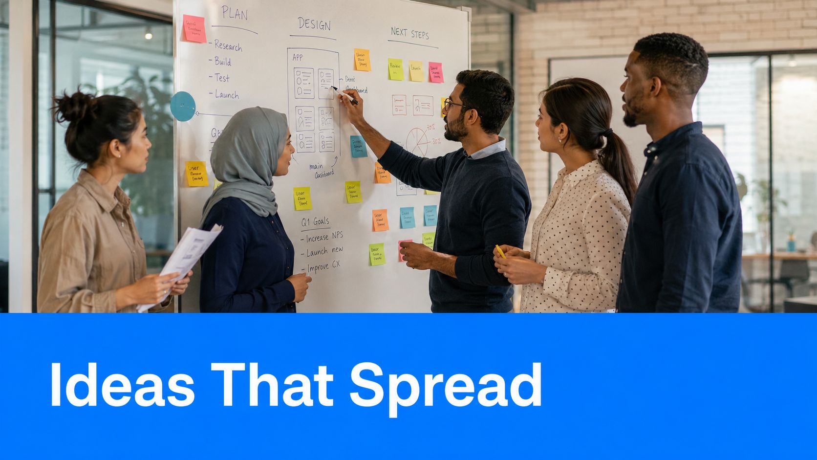 A diverse team of professionals brainstorming and collaborating on a project in a modern, bright office space.
