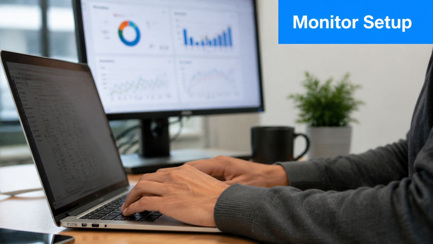 A person working on a laptop at a desk with an external monitor displaying business data analytics.