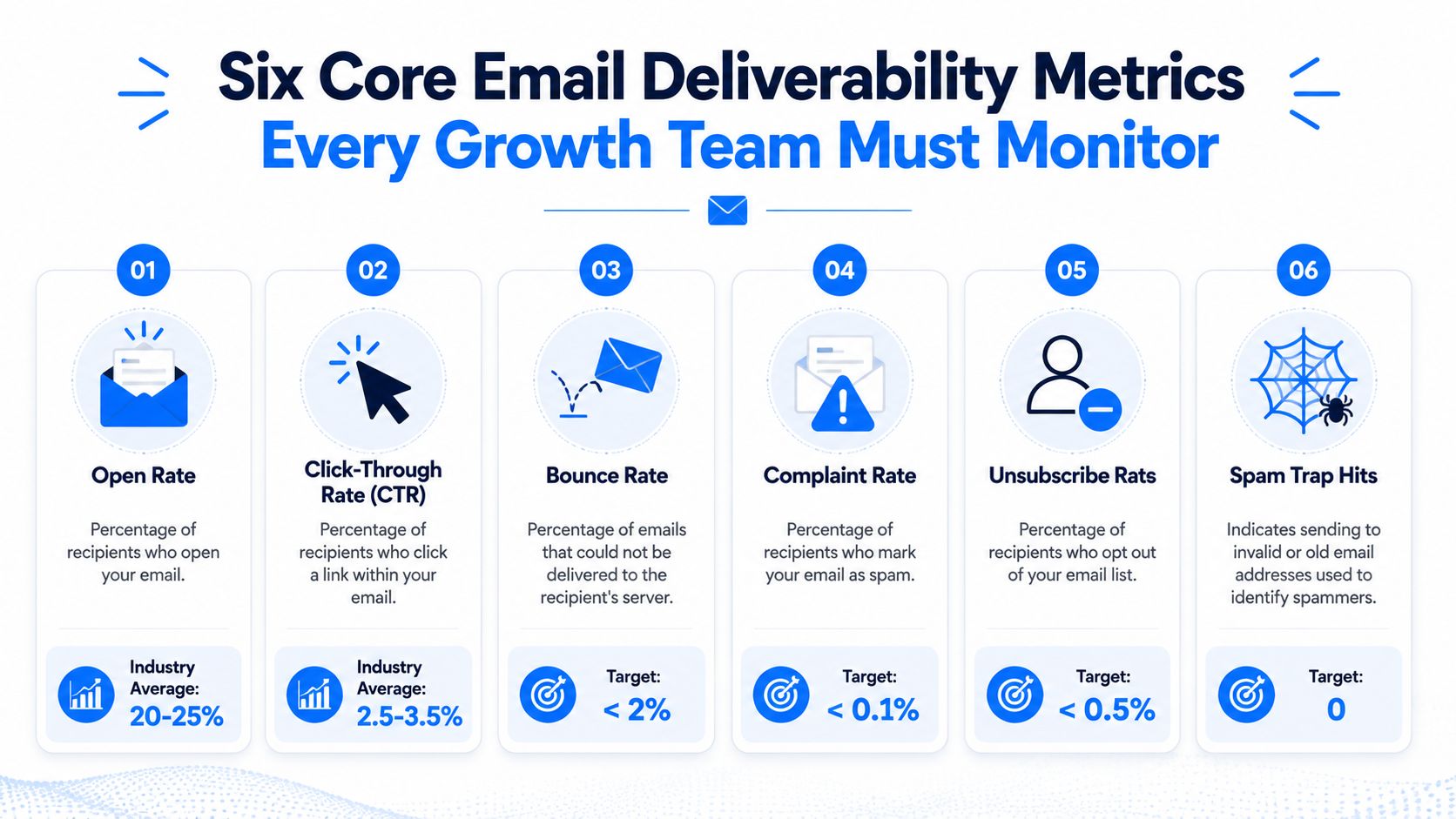 An infographic showing six core email deliverability metrics that growth teams should track for success.