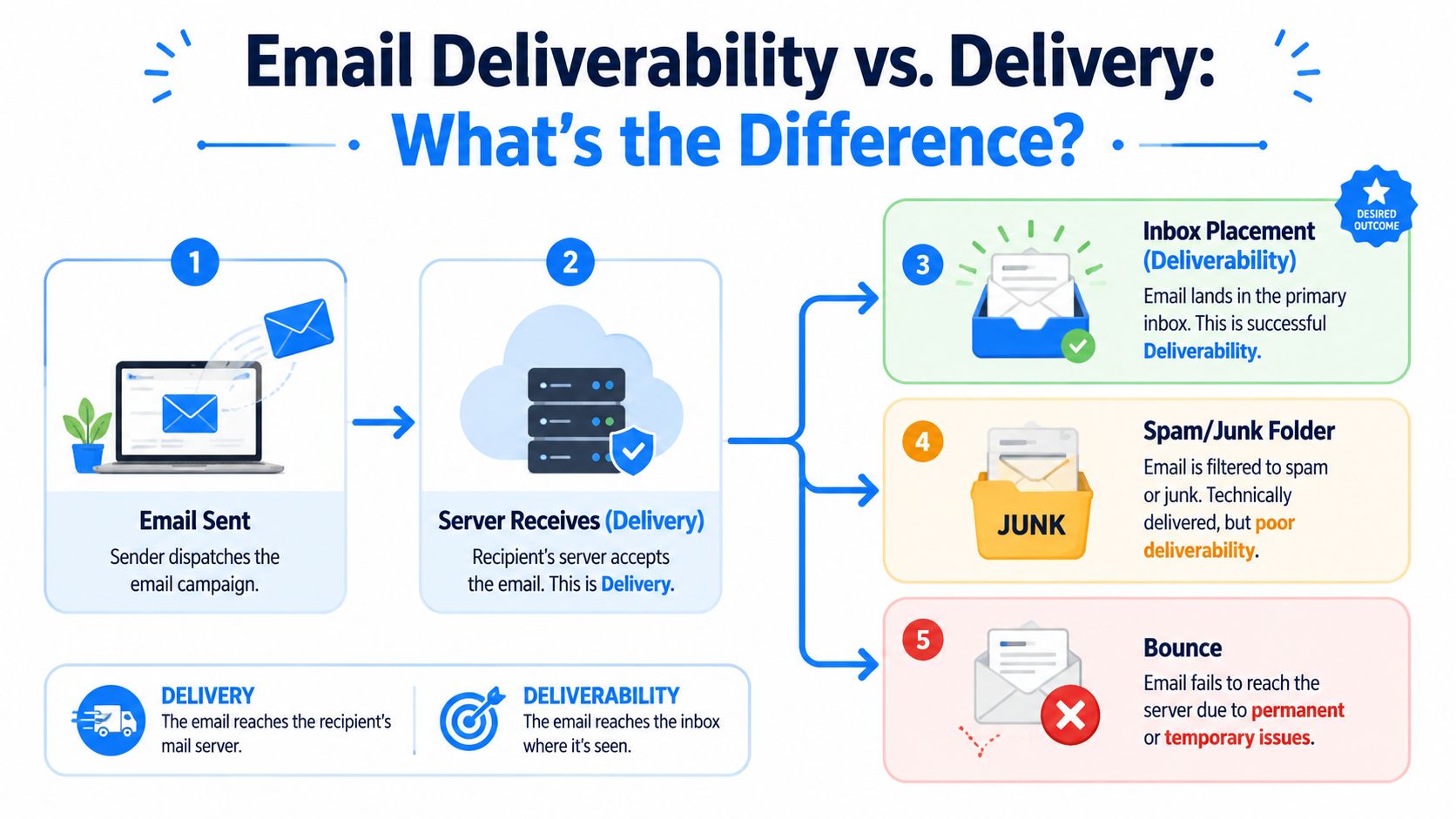 A diagram illustrating the difference between email delivery and email deliverability using five numbered steps.
