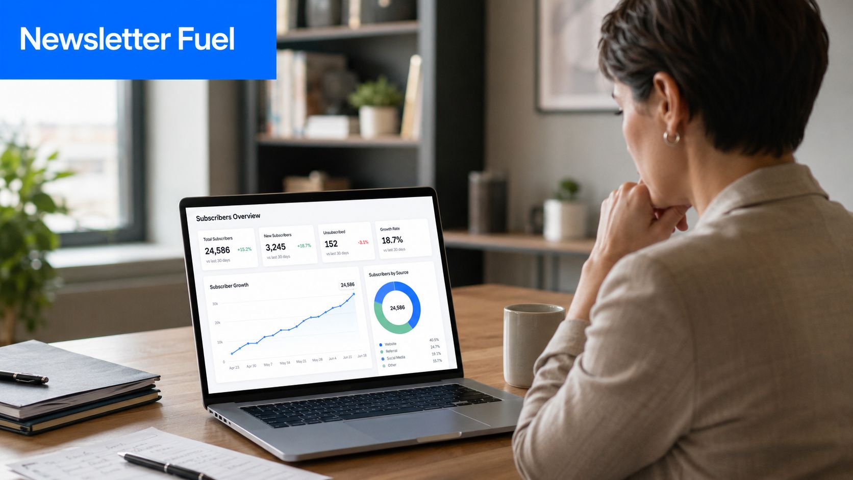 A businesswoman looking at subscriber growth analytics on a laptop screen at her office desk.