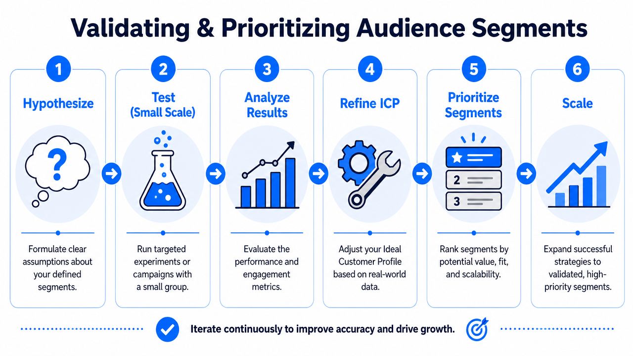 A six-step process infographic illustrating how to validate and prioritize audience segments for business growth.