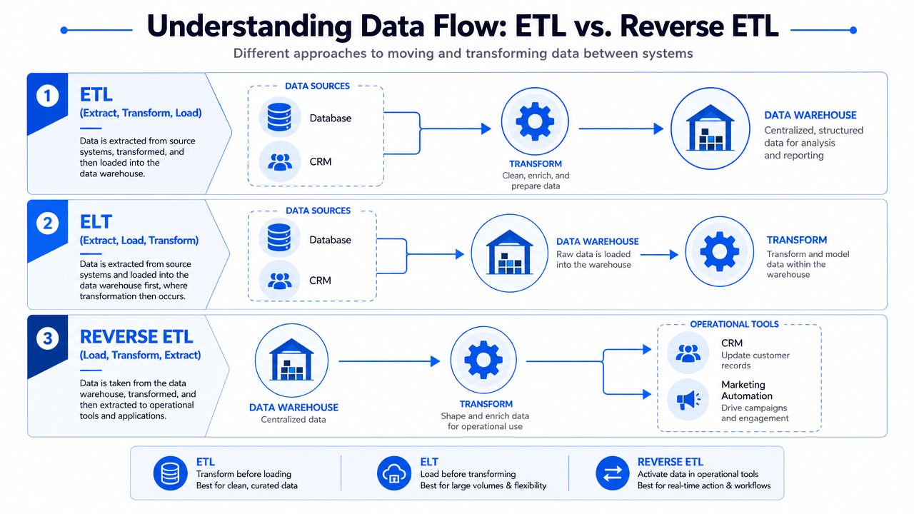 A diagram comparing the data flow processes of ETL, ELT, and Reverse ETL in data engineering systems.