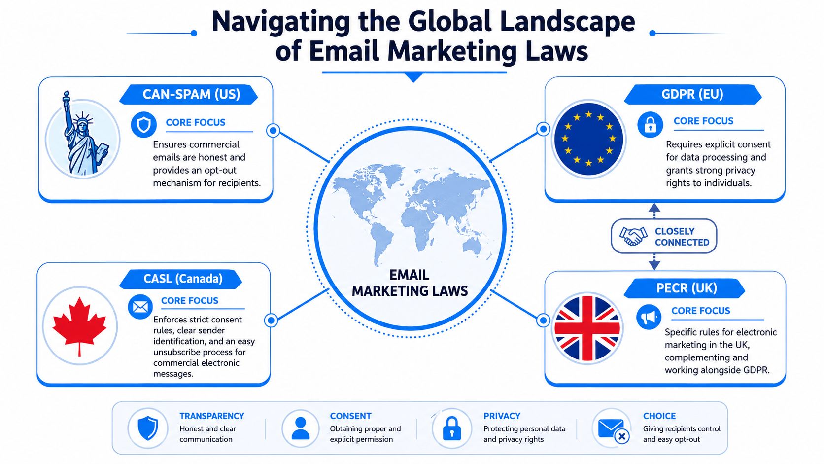 A visual guide illustrating key global email marketing regulations including CAN-SPAM, GDPR, CASL, and PECR standards.