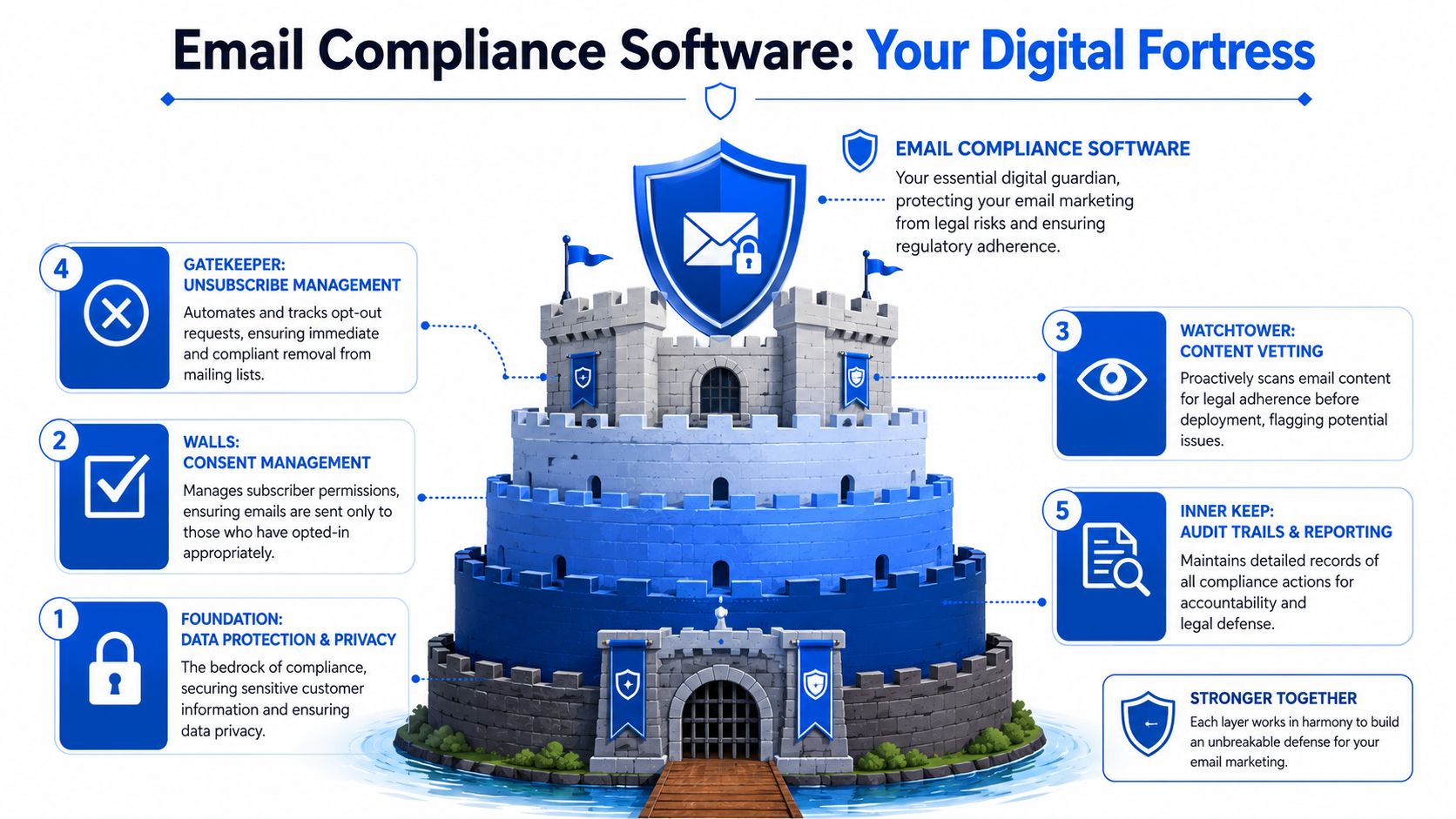 A diagram illustrating email compliance software as a castle fortress with five essential layers of digital security.