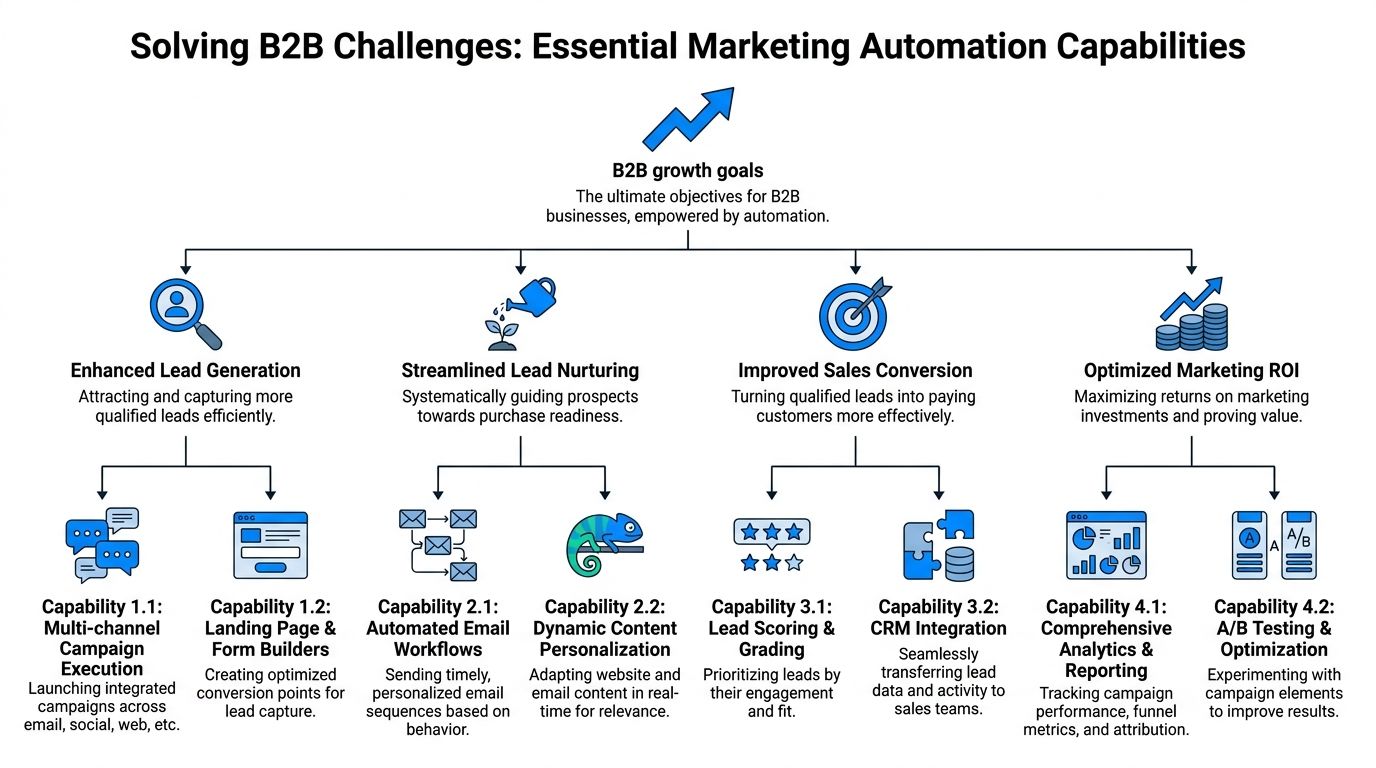 A diagram illustrating essential B2B marketing automation capabilities for lead generation, nurturing, sales conversion, and ROI optimization.
