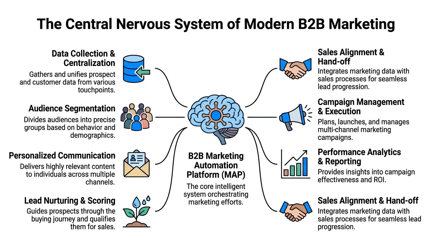 A diagram illustrating the B2B Marketing Automation Platform as the central system for modern marketing operations.
