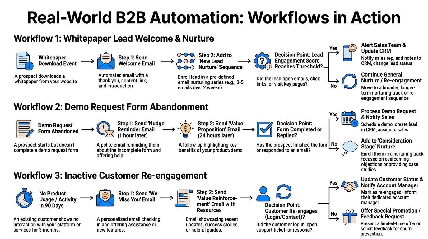 A diagram illustrating three automated B2B marketing workflows for lead nurturing, demo abandonment, and customer re-engagement strategies.