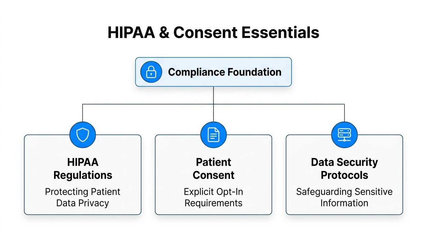 A diagram titled HIPAA and Consent Essentials showing Compliance Foundation leading to Regulations, Consent, and Security.