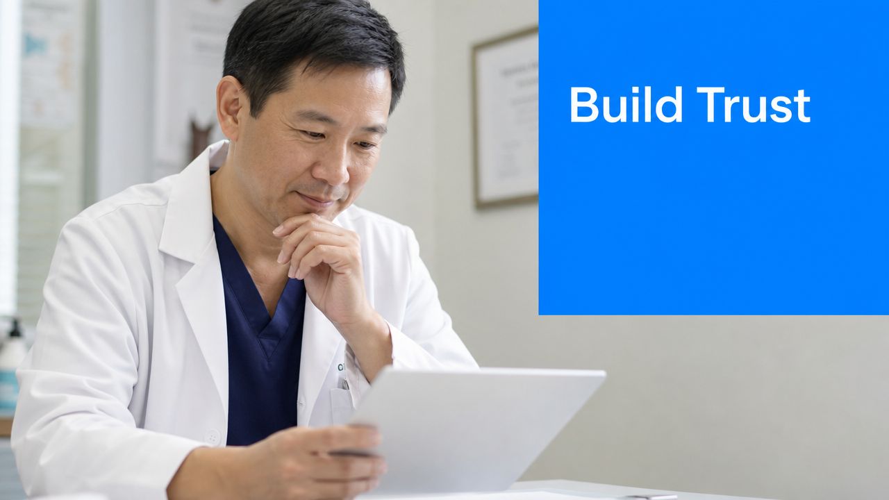 A professional doctor wearing a white lab coat reviewing digital information on a tablet in his office.