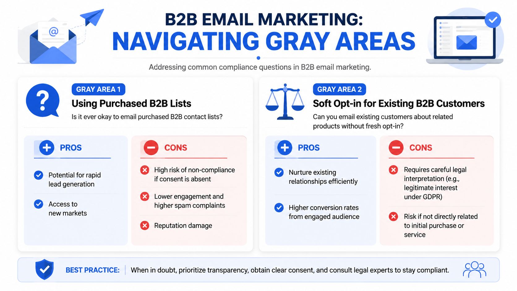 An infographic titled B2B Email Marketing: Navigating Gray Areas, outlining the pros and cons of purchased lists and soft opt-ins.