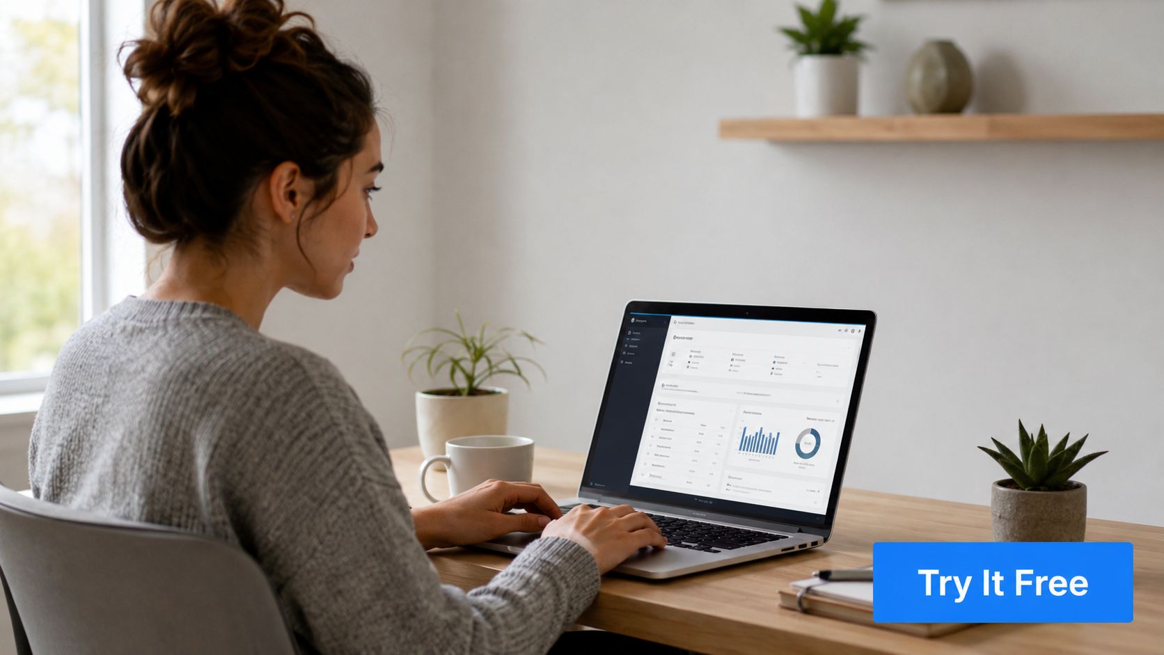 A woman working on a laptop at a desk while looking at growth marketing analytics and charts.